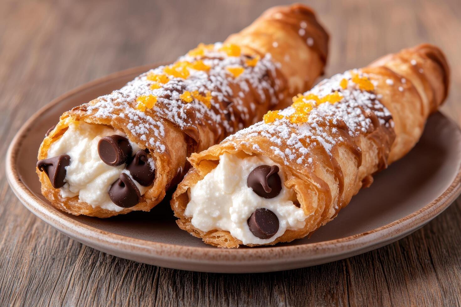 Delicious chocolate filled pastries dusted with powdered sugar photo
