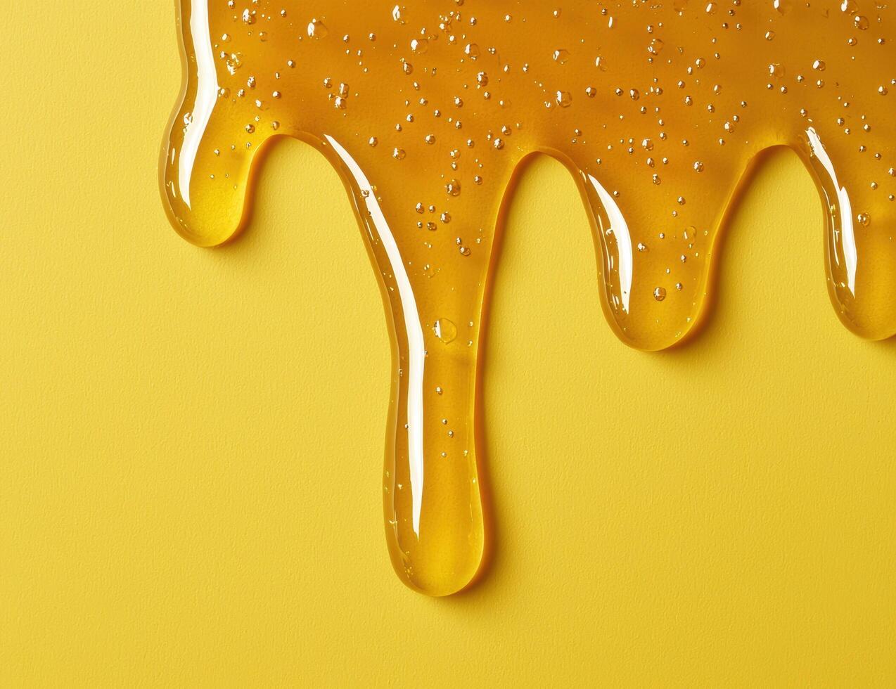 Flowing honey dripping on yellow background photo