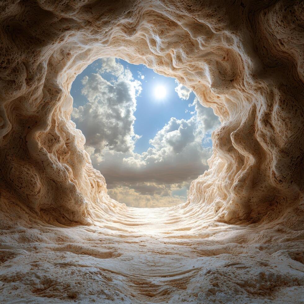 Stunning natural cave opening with bright sky photo