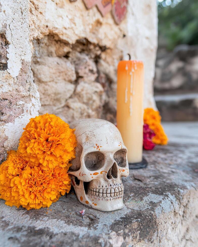Skull and marigold flowers on a stone wall photo