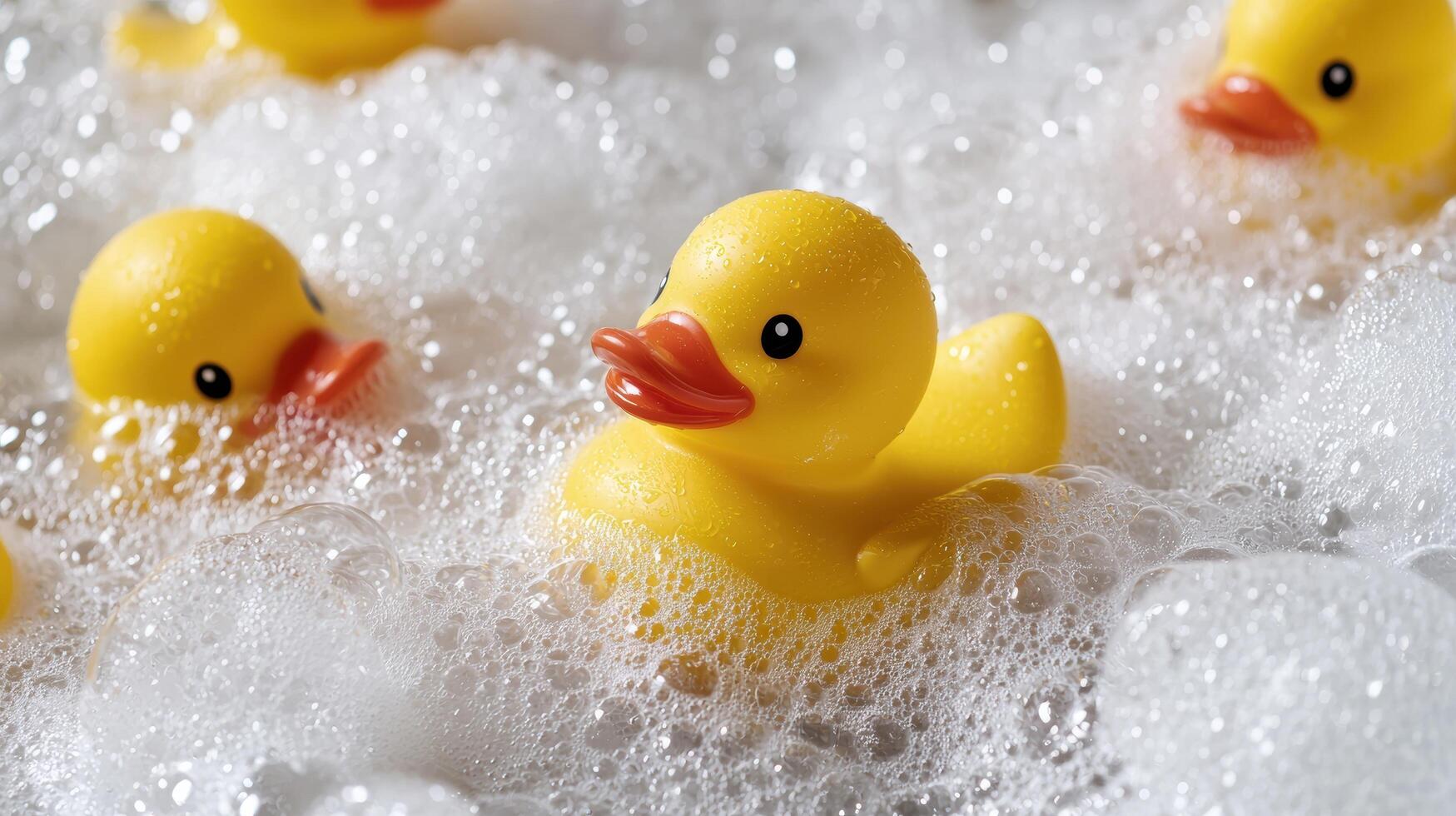 Cute rubber ducks in bubbly water photo