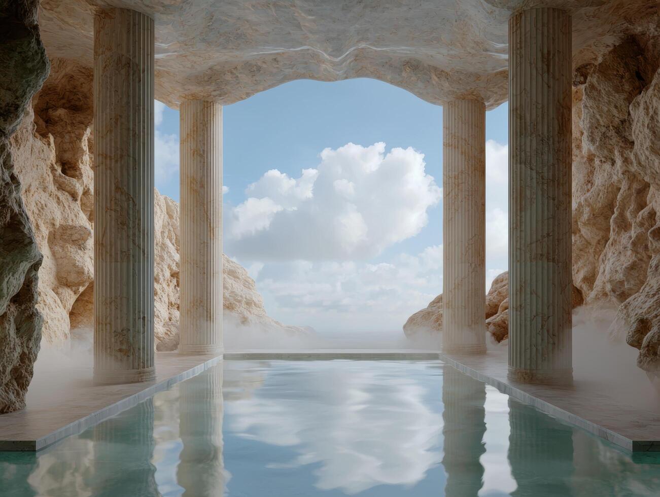 Serene pool with ancient columns and scenic mountain view photo