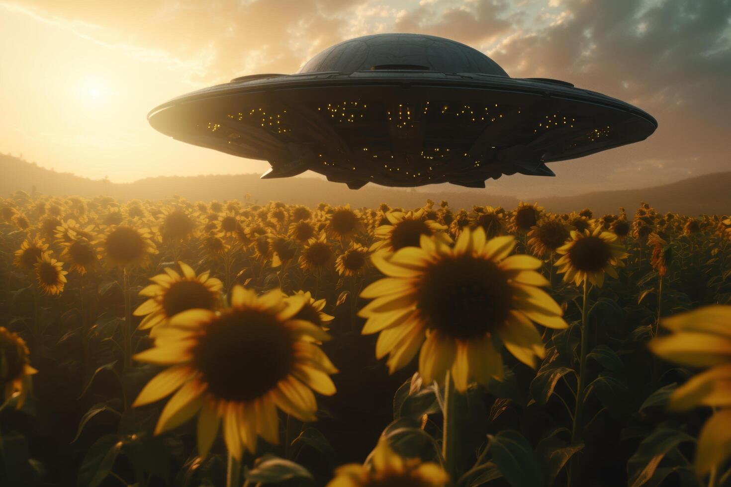 Mysterious UFO hovering over sunflower field at sunset photo