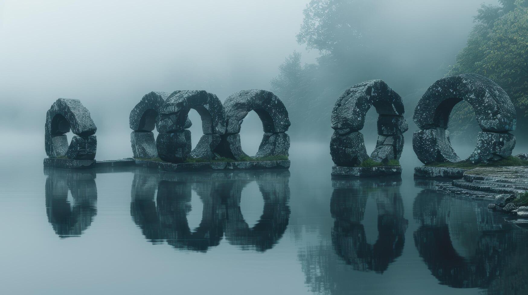 Mysterious stone arches reflected in still waters photo