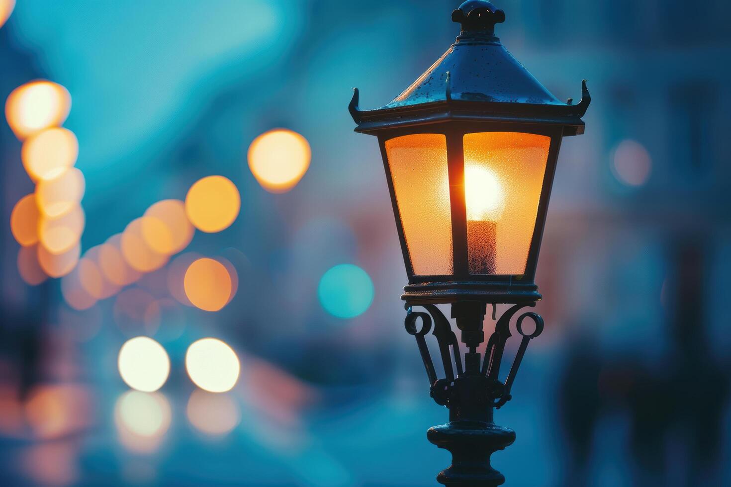 Glowing street lamp at night with blurred lights in the background photo