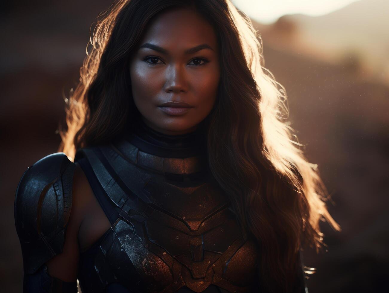 Powerful female warrior in dark armor photo