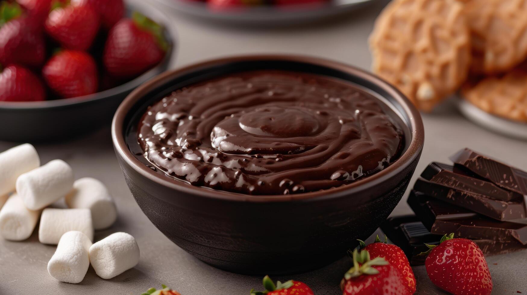 Chocolate fondue with fresh strawberries and marshmallows photo