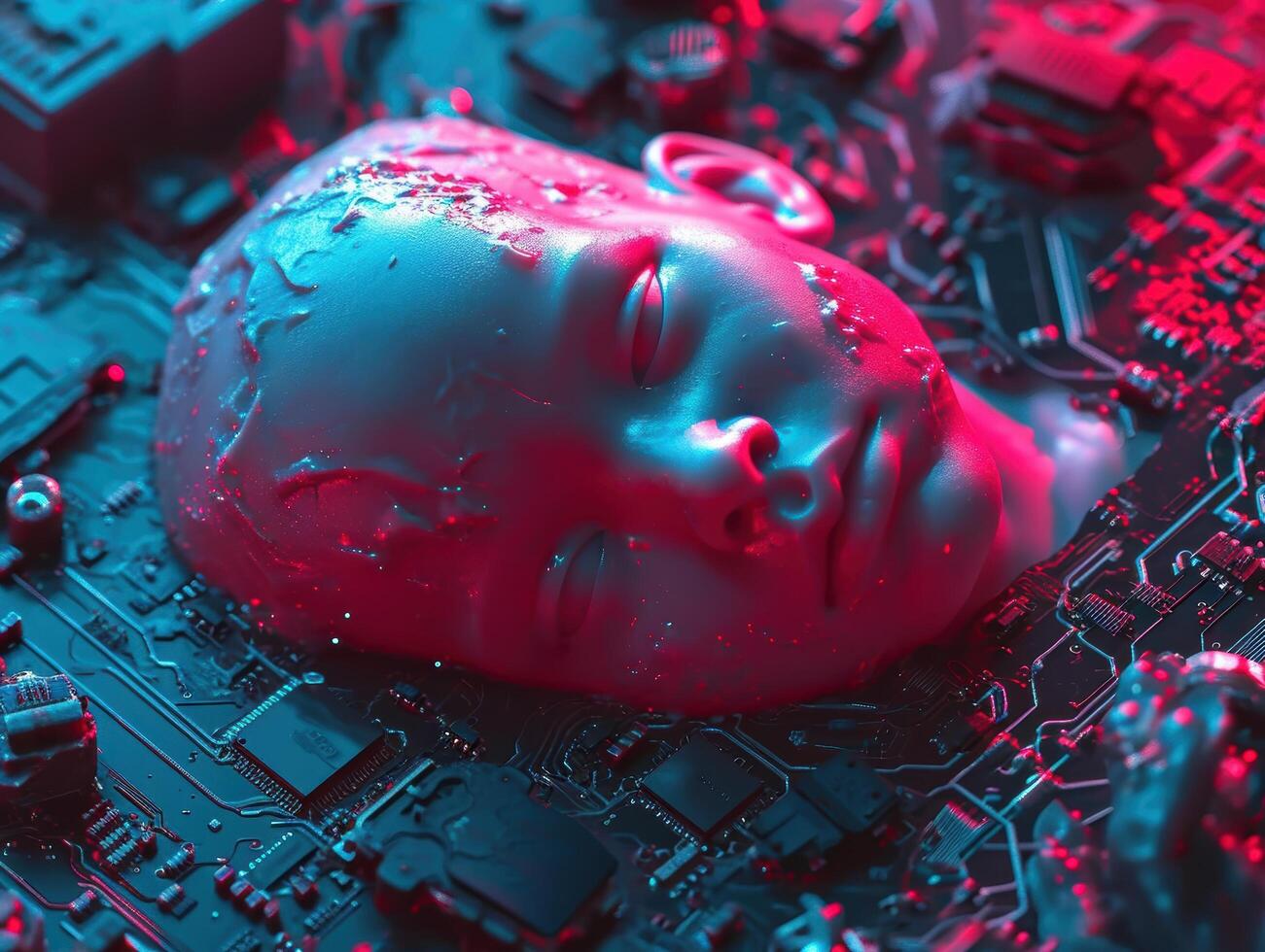 futuristic cyborg face with circuit board photo