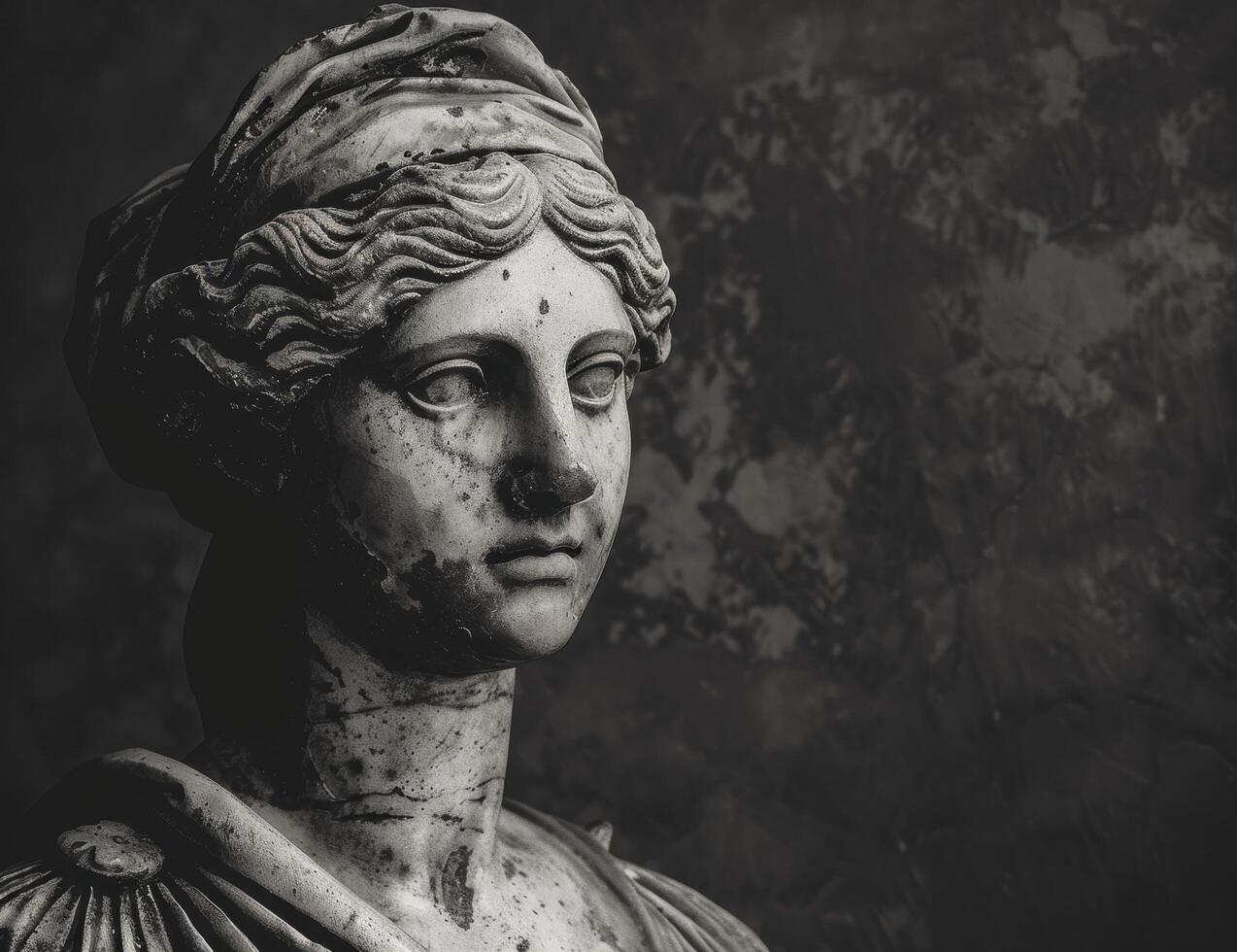 Weathered ancient statue in black and white photo