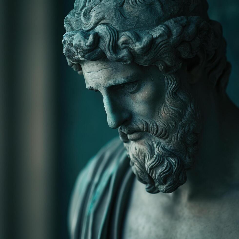 Weathered ancient greek statue head in dramatic lighting photo