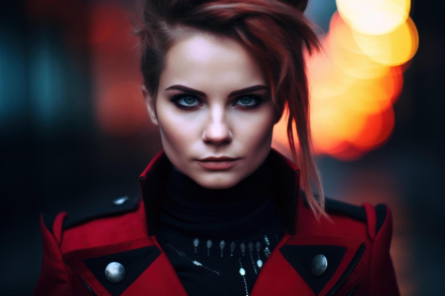 Intense woman in red jacket with dramatic lighting photo