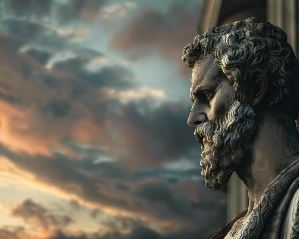 Dramatic stone sculpture against cloudy sky photo