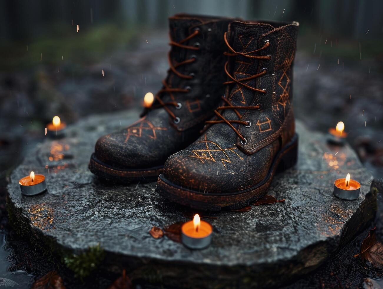 Rugged hiking boots in the rain photo