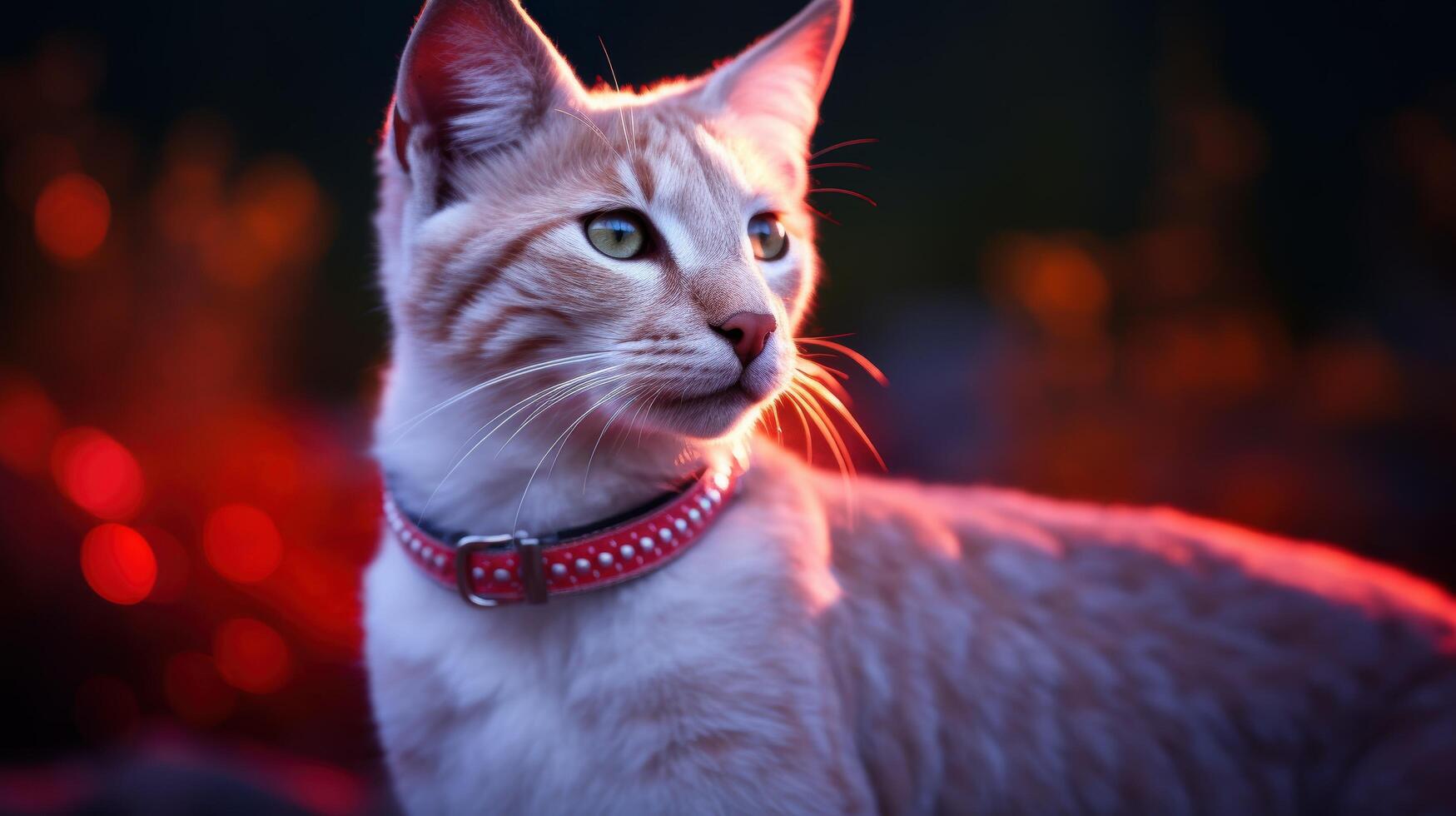 close up portrait of a cat with vibrant red lighting photo