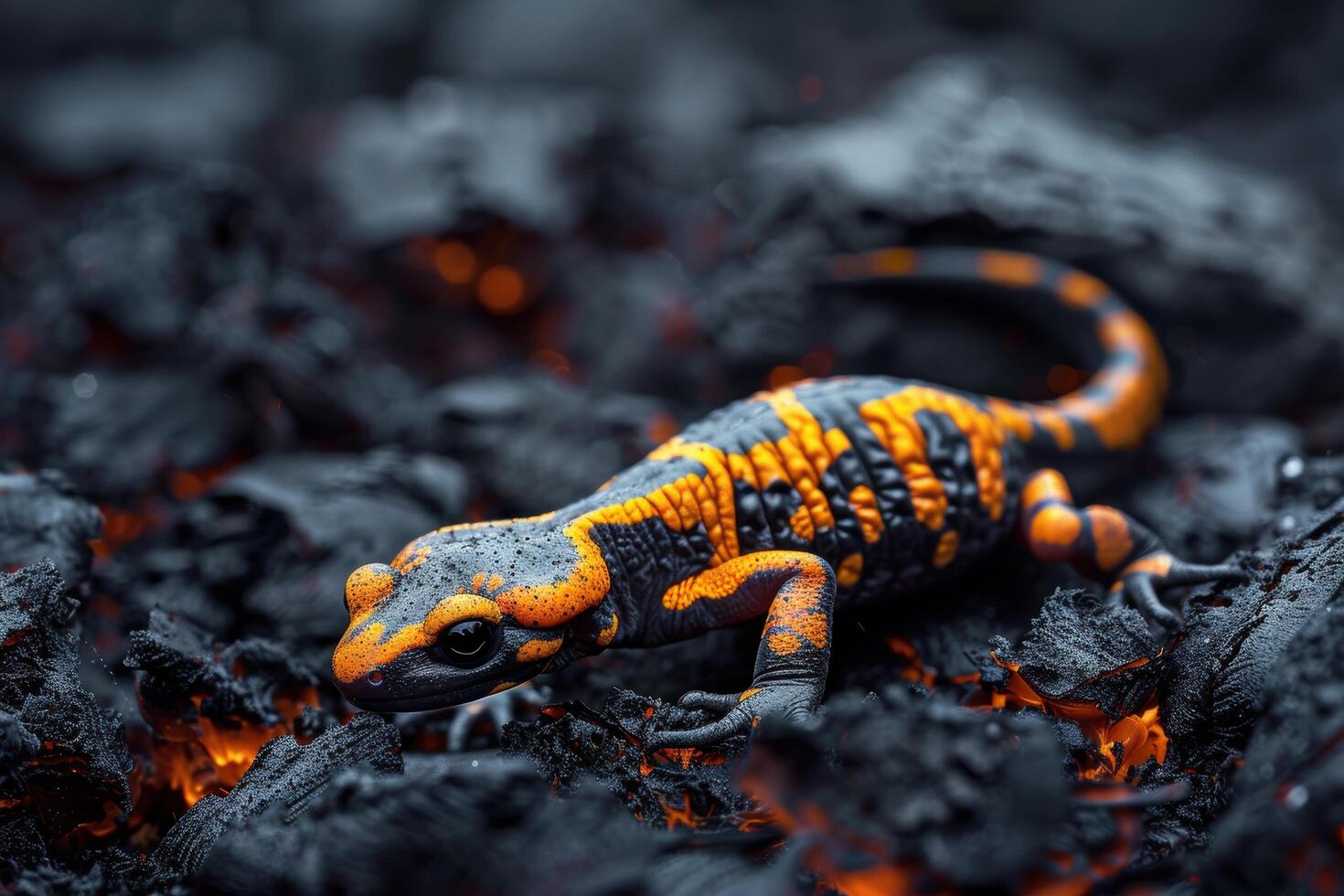 Vibrant orange salamander on charred forest floor photo