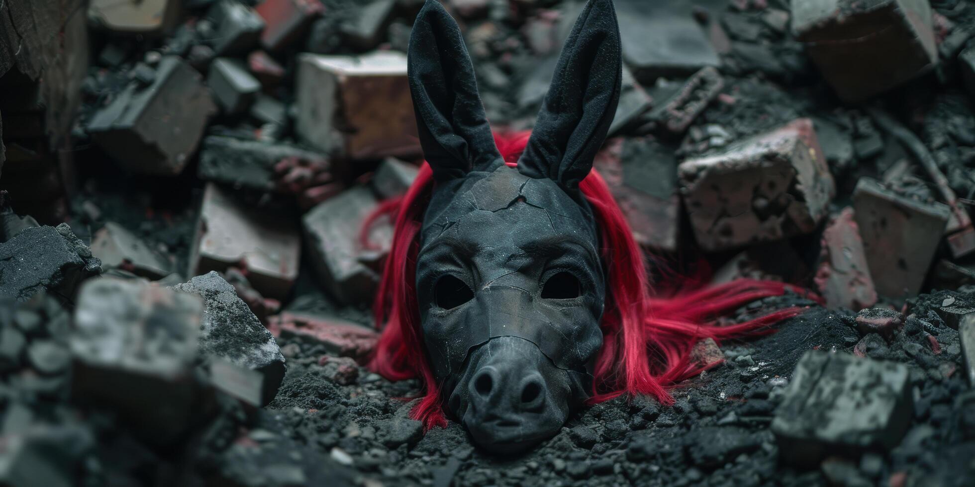 Creepy rabbit mask in dark, grungy environment photo