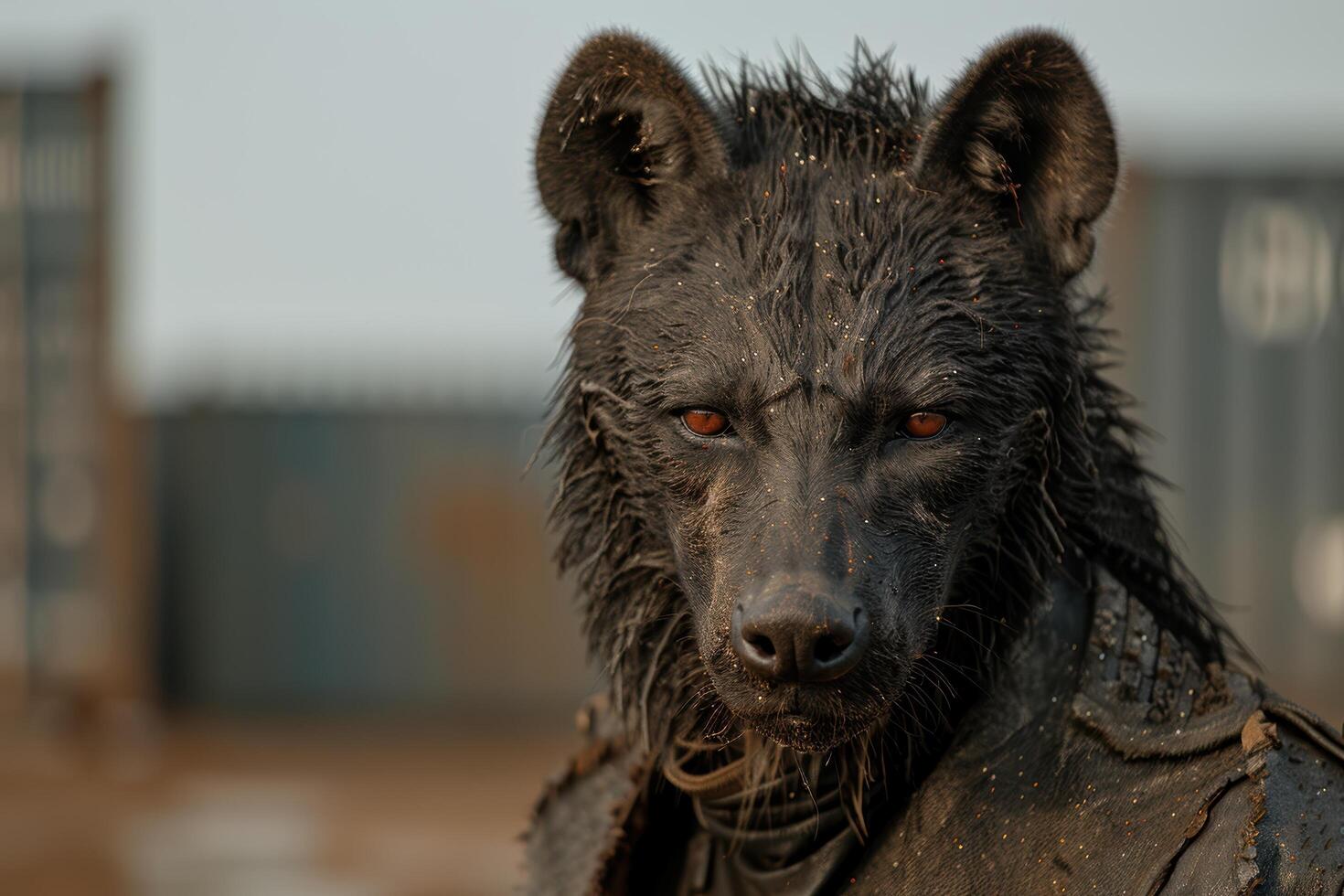 Closeup of a wet and shaggy black wolf with piercing orange eyes photo