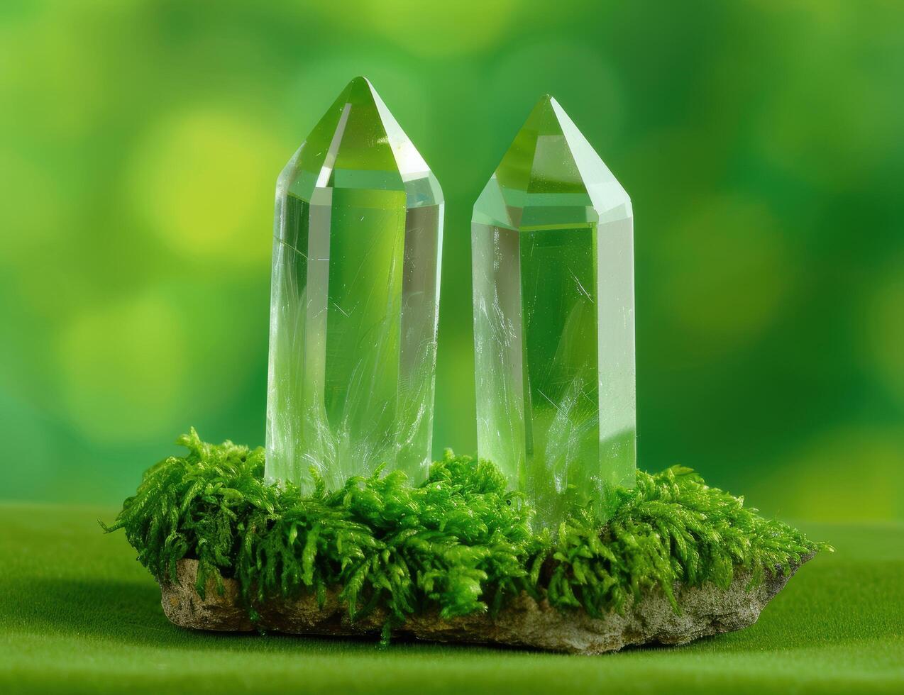 Transparent green crystal quartz on moss photo