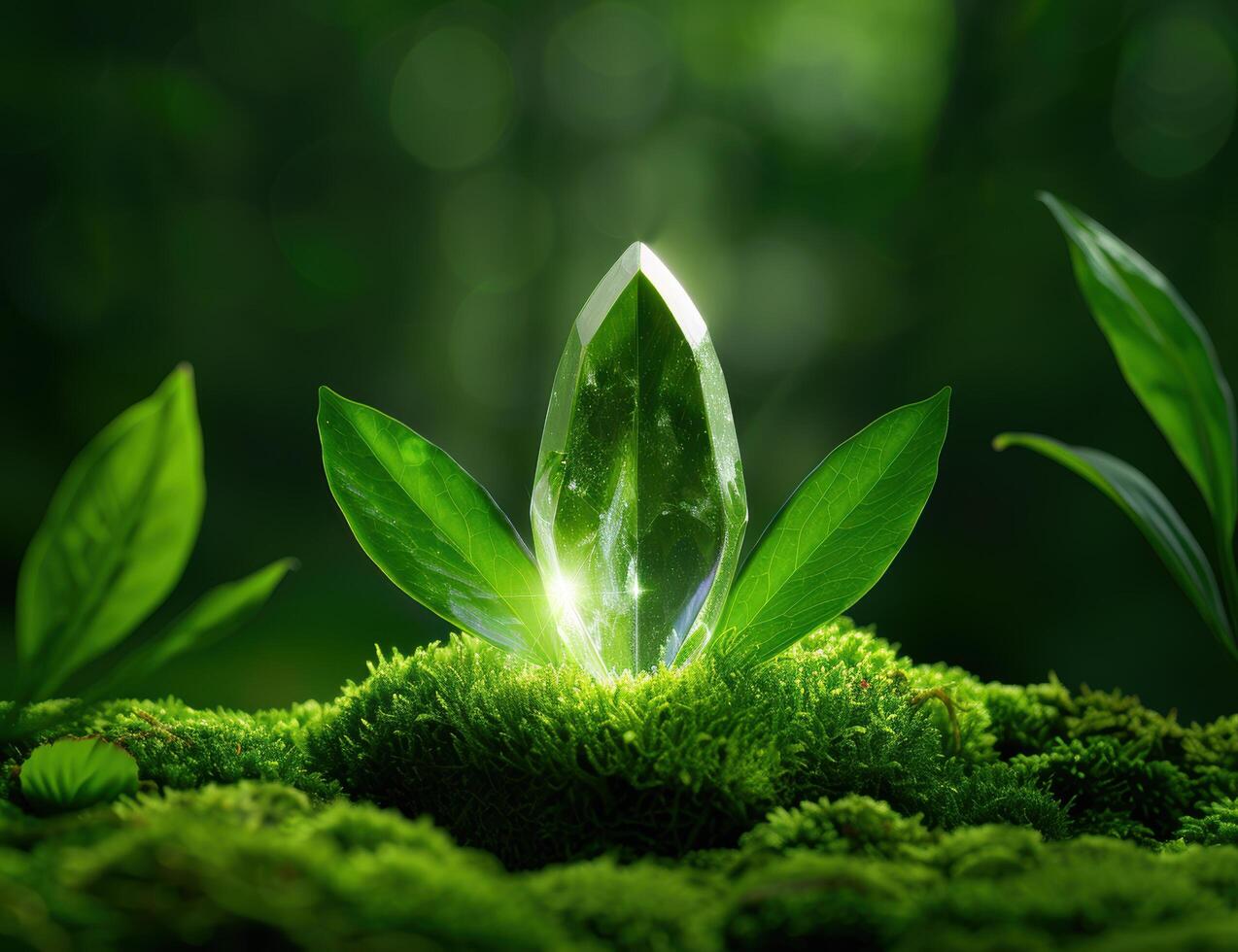 Magical crystal growing in moss photo
