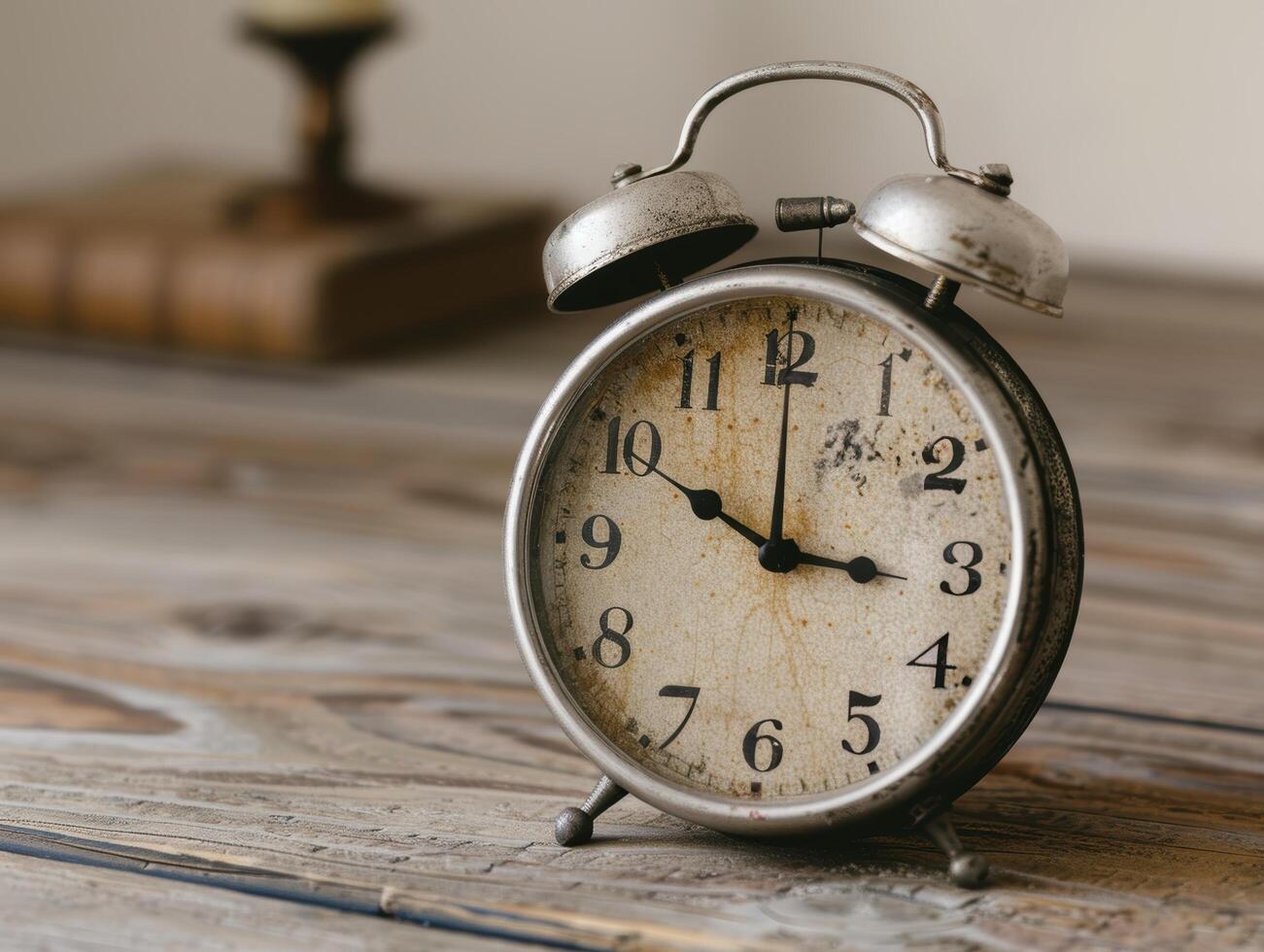vintage alarm clock on wooden table photo