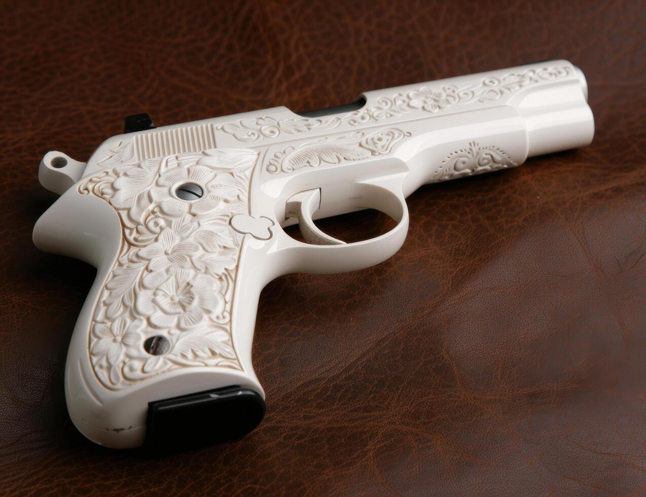 Ornately engraved white handgun photo
