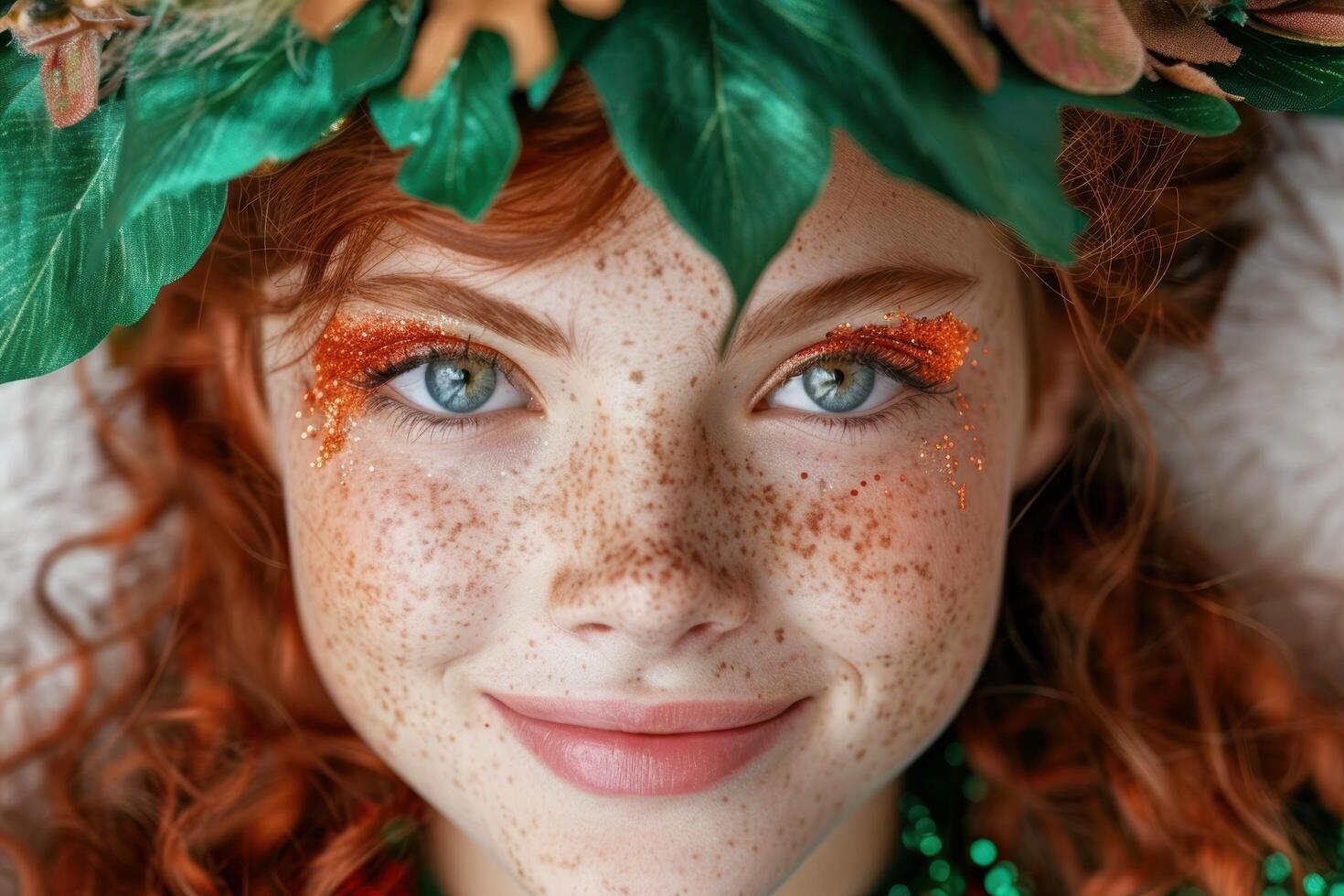Vibrant portrait of a smiling woman with freckles and glittery makeup photo