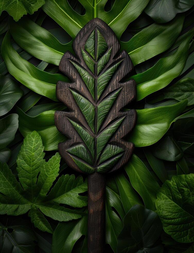 Wooden leaf sculpture in lush green foliage photo