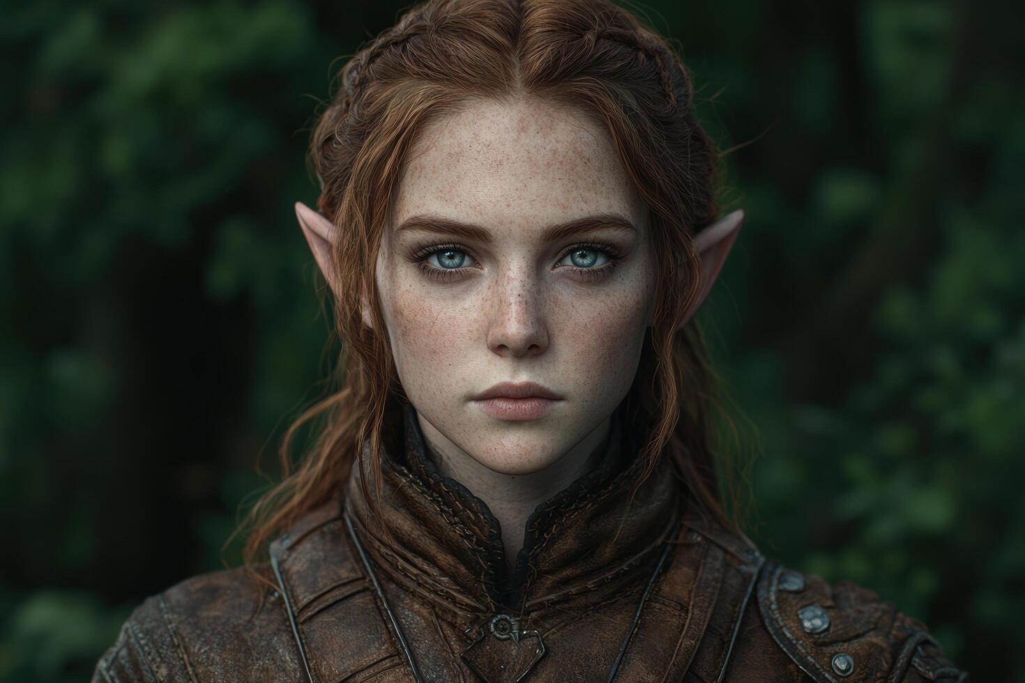Mysterious elf like woman with piercing blue eyes photo