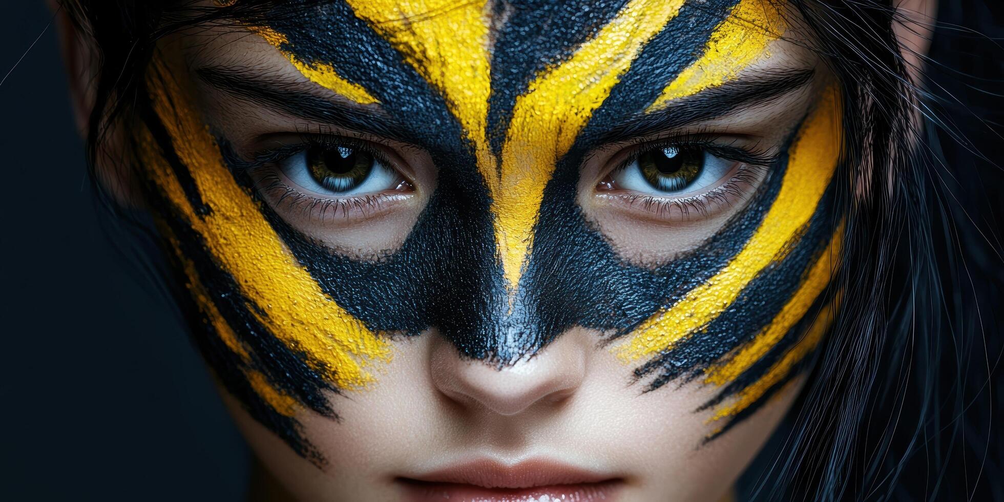 close up of a persons face with striking yellow and black face paint photo