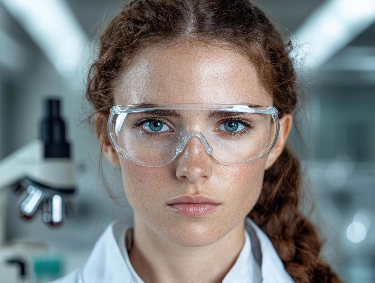 young female scientist in lab coat and safety goggles photo