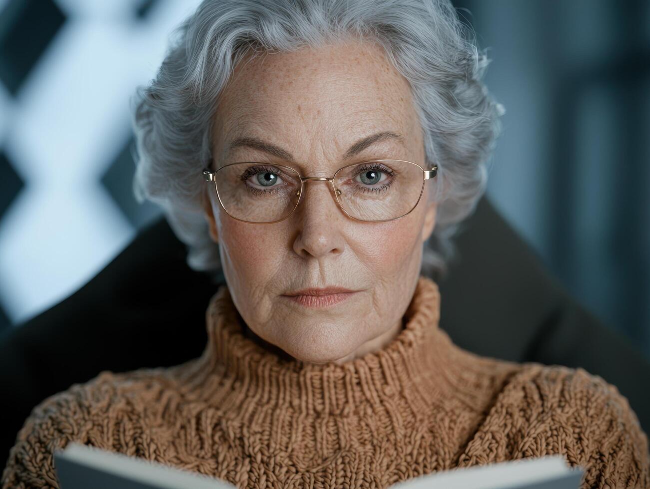 Thoughtful senior woman with glasses photo