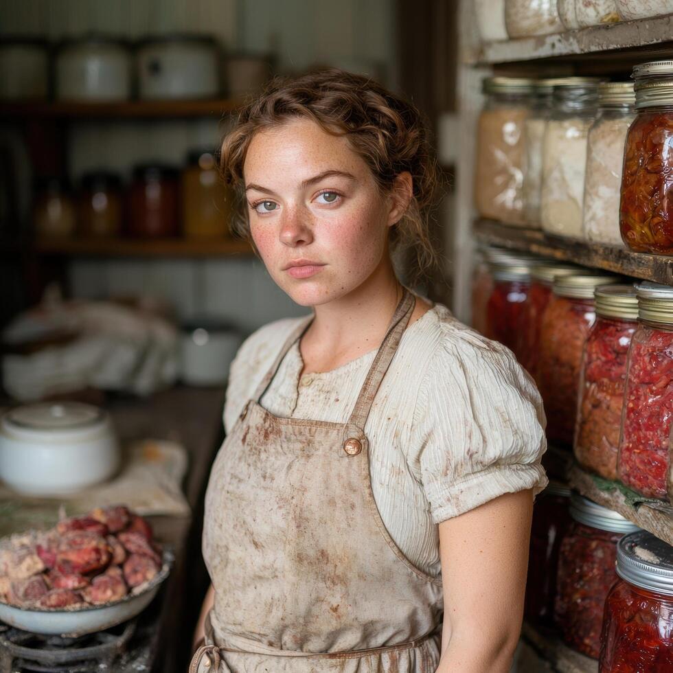 woman in apron standing in rustic kitchen photo