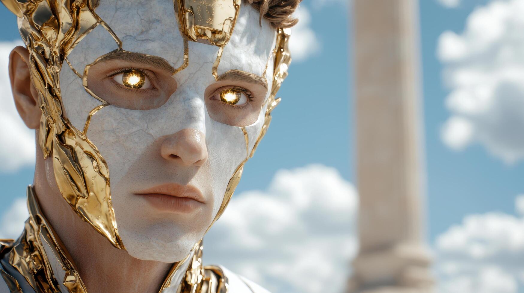 golden futuristic cyborg face against cloudy sky photo