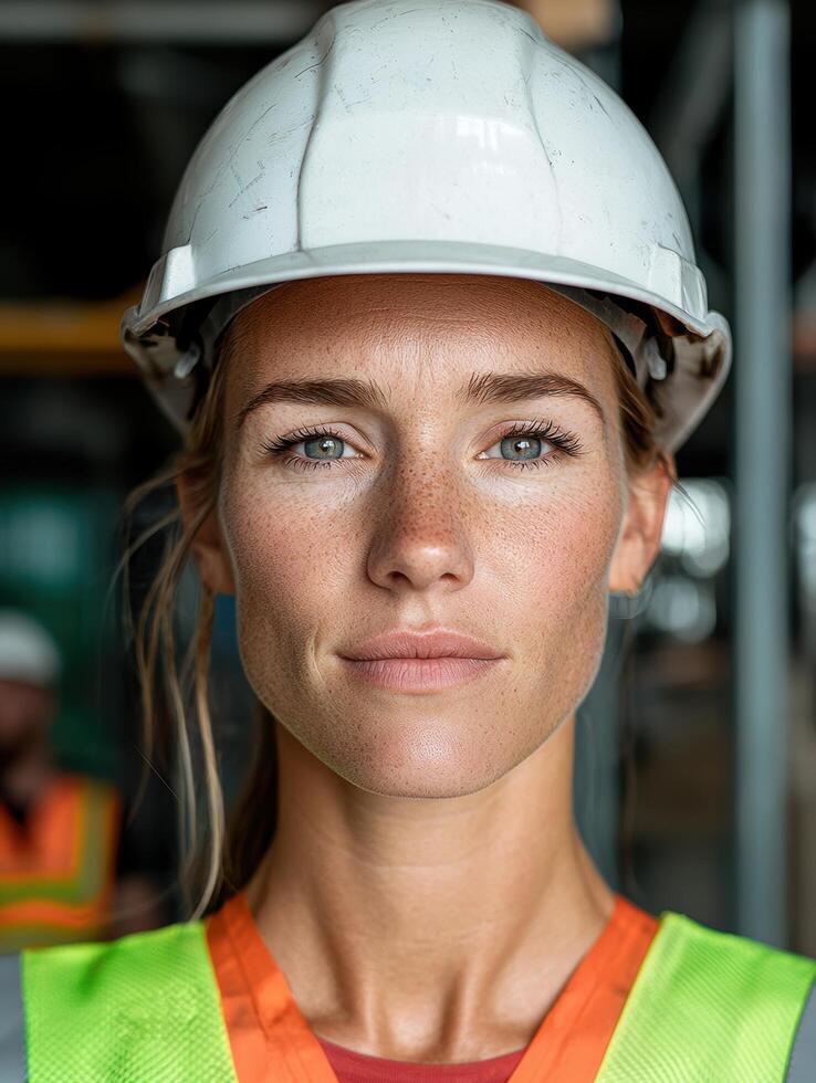 Confident female construction worker in safety gear photo