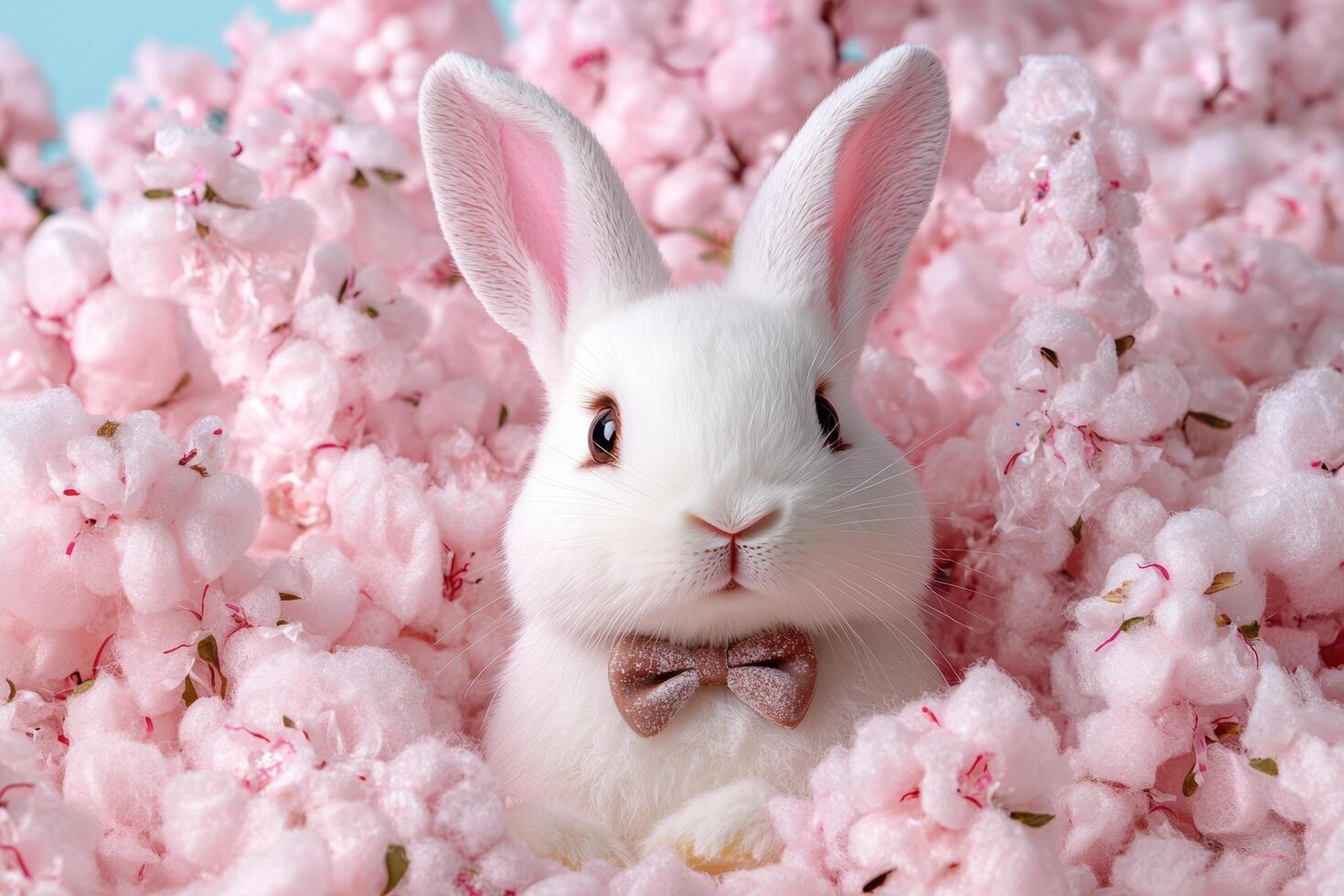 Adorable white rabbit with pink bow in pink flower field photo