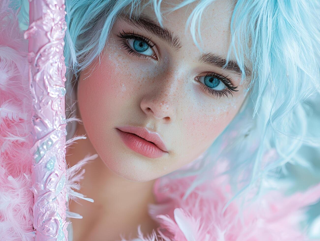 Dreamy portrait of a young woman with vibrant blue hair and freckles photo