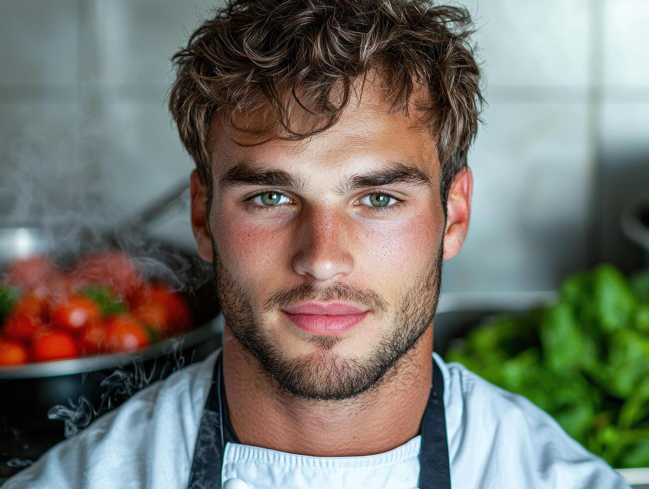 close up portrait of a handsome young man with curly hair and green eyes photo
