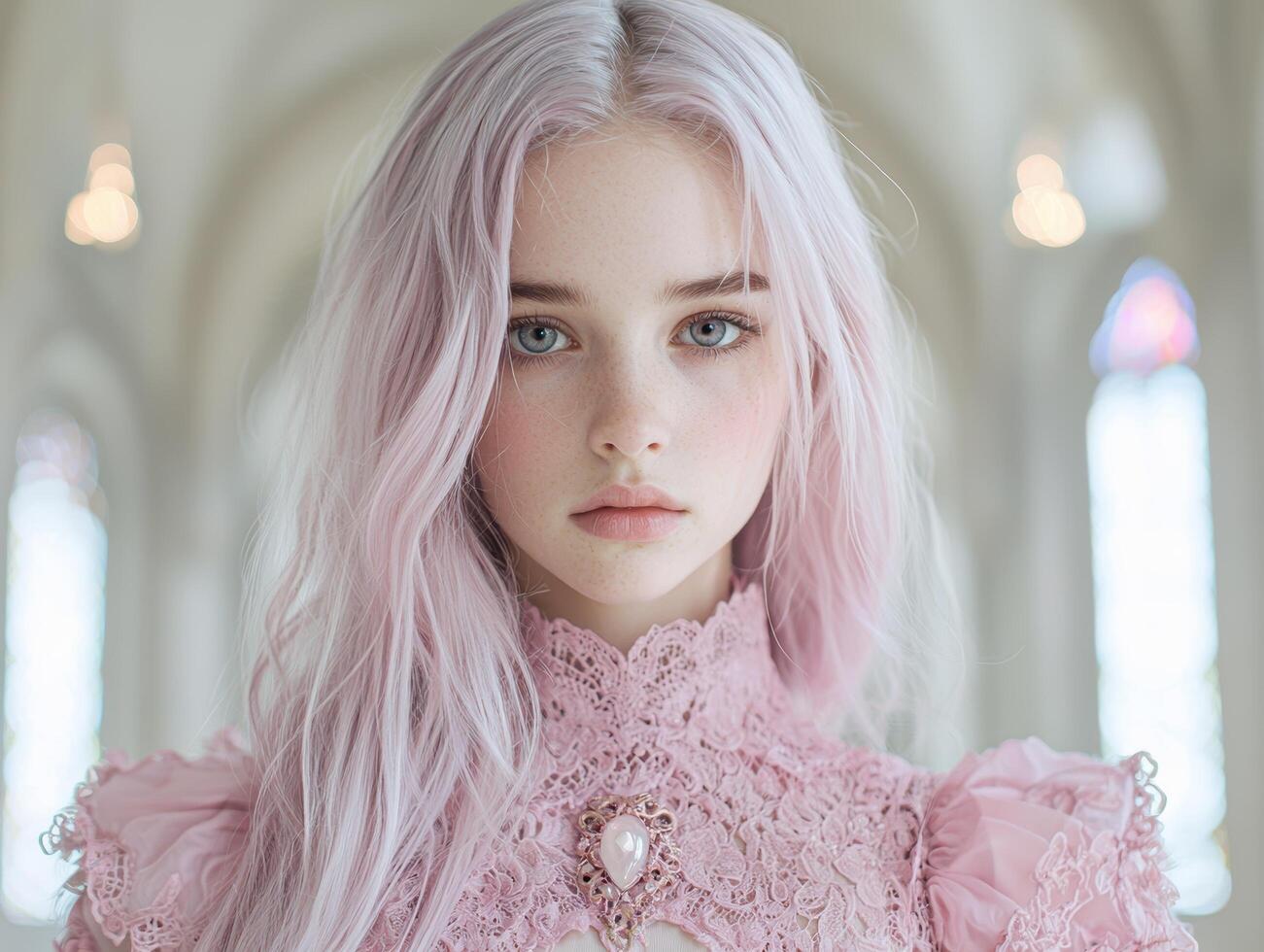 Elegant young woman with pink hair and lace dress photo