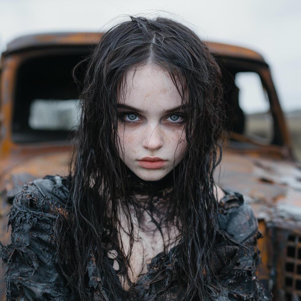 Mysterious woman with dark hair and piercing eyes photo