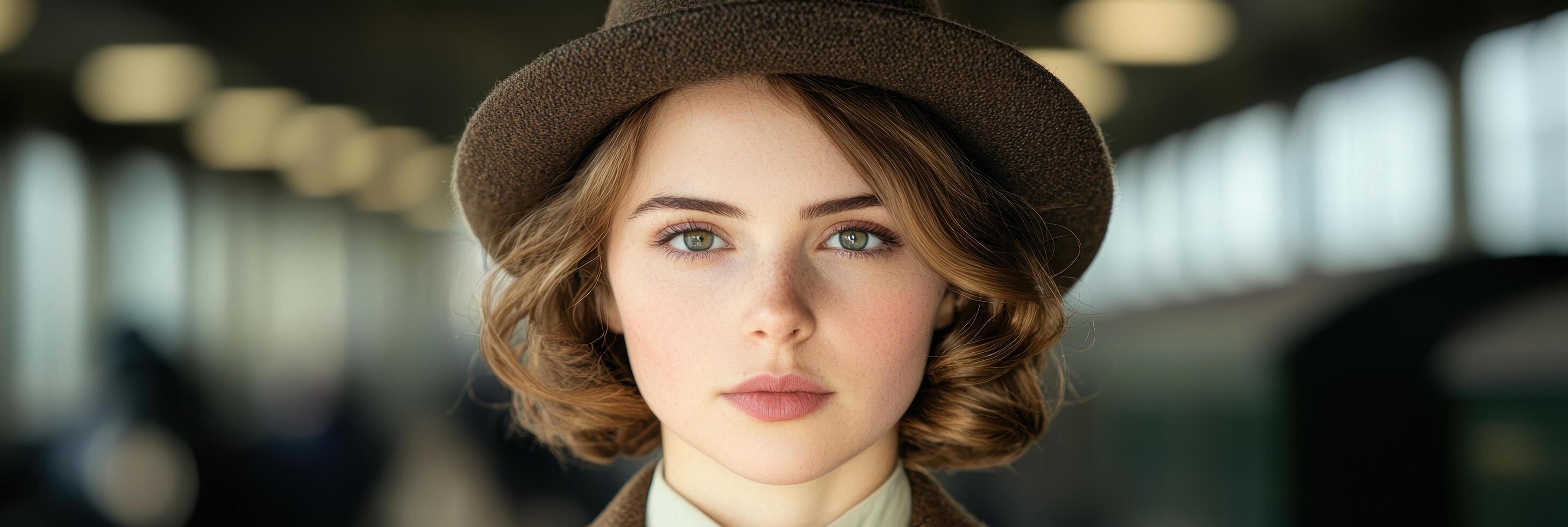 beautiful woman in hat with curly hair photo