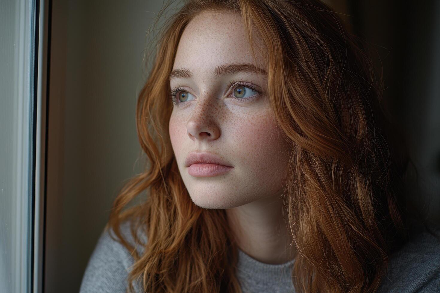 pensive young woman with red hair looking out window photo