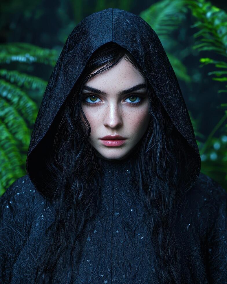 Mysterious woman in dark hooded cloak in forest photo