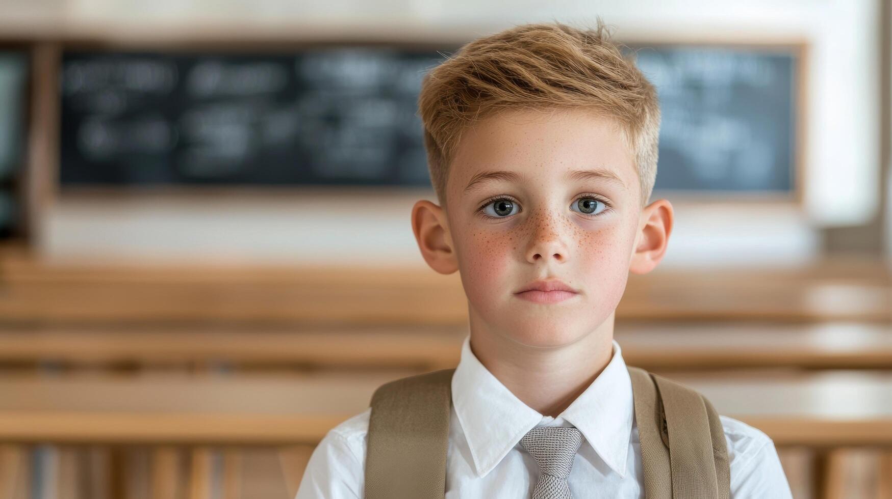 young boy in formal attire standing in classroom photo
