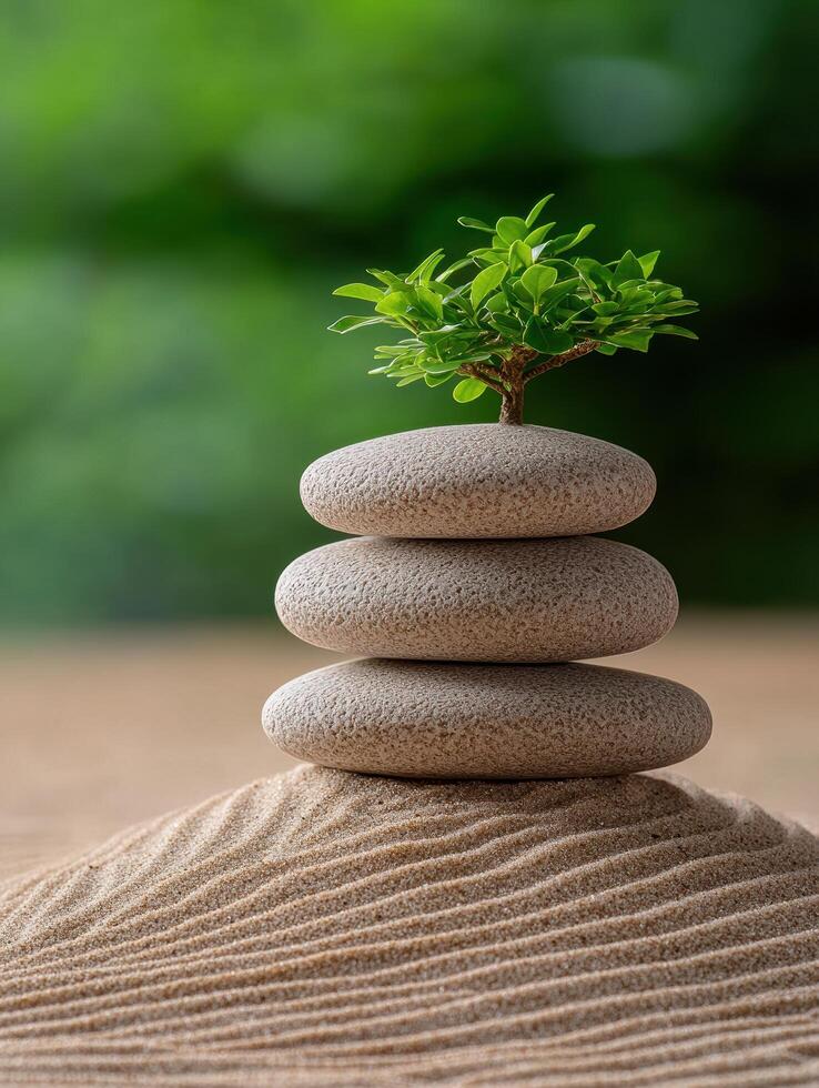 Balanced zen garden with stacked stones and small tree photo