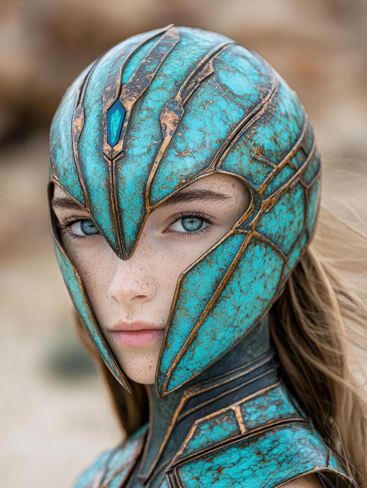 Mysterious warrior woman in ornate turquoise armor photo