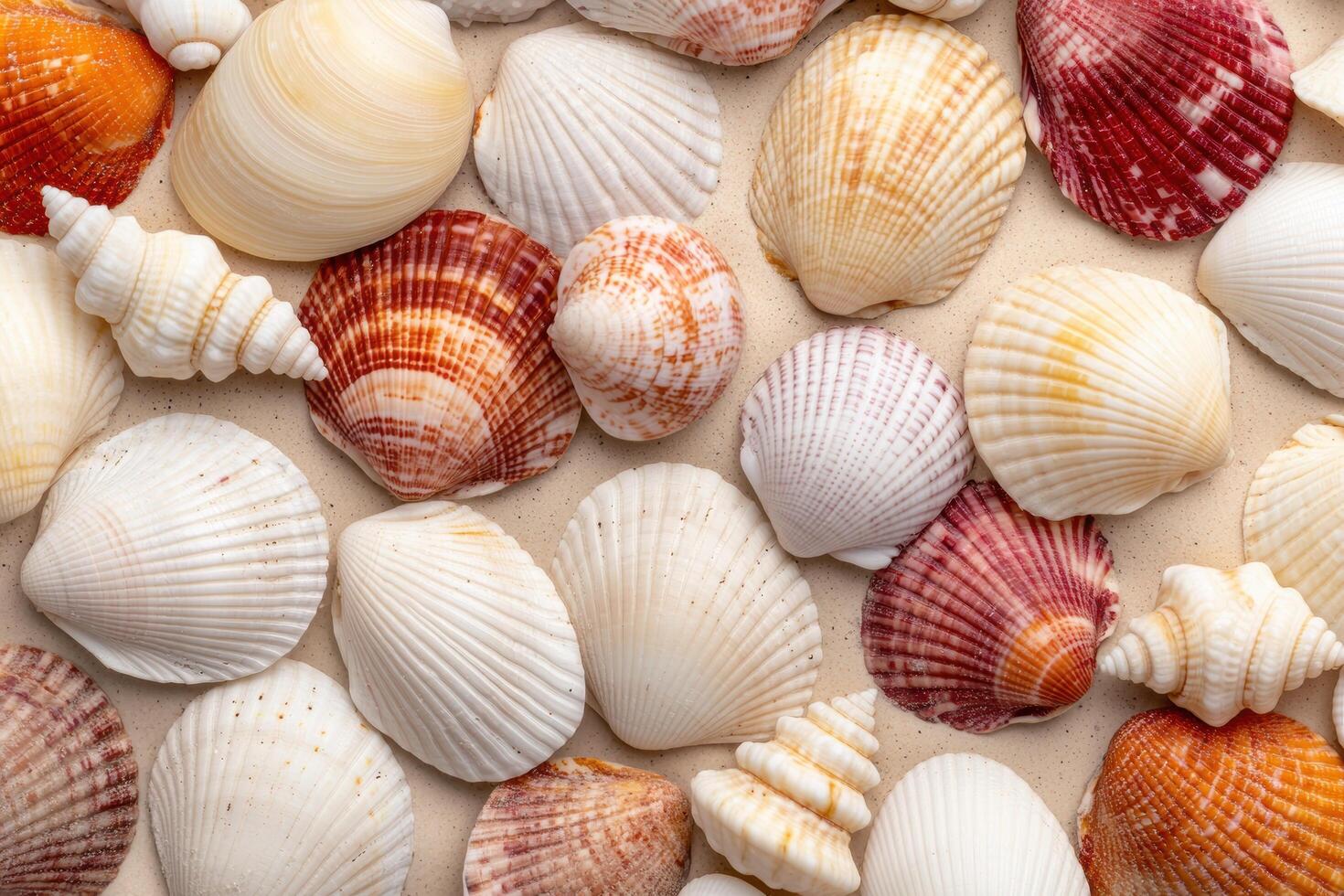 Colorful seashell collection on sandy beach photo