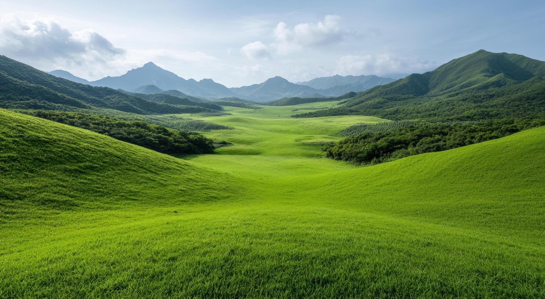 Lush green meadow surrounded by mountains photo