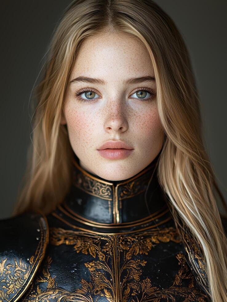 Elegant woman in ornate golden dress photo
