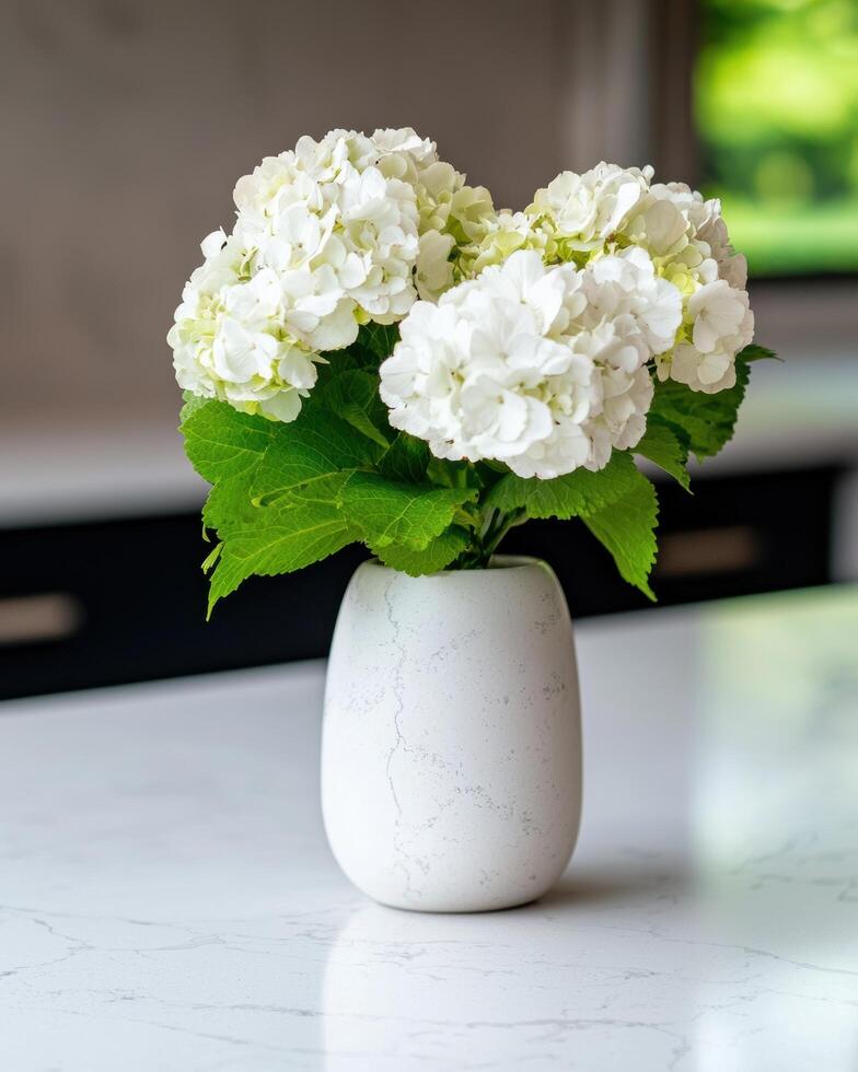 white hydrangea flowers in a marble vase photo