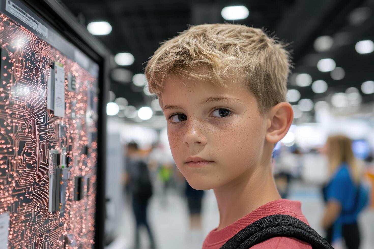 young boy examining circuit board display photo